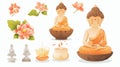 set of Buddha Purnima cartoon characters and design elements. display a Buddha statue in a small bowl decorated with