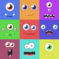 Set of cartoon monster faces with different expression of emotions. Bright emotional avatar collection. Kid theme