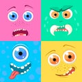 Set of cartoon monster faces with different expression of emotions. Bright emotional avatar collection. Kid theme
