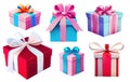 Set of cartoon multicolored gift boxes with ribbons isolated on white background, digital illustration Royalty Free Stock Photo