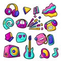 Set of cartoon musical items. Music party colorful teenage creative illustration.