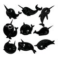 Set of cartoon narwhals. Collection of black and white narwhals. Illustration of marine mammals. Drawing for children
