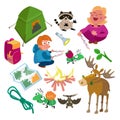 Set of cartoon objects. Children go camping. Animals, tent and backpack, marshmallows and campfire, map, objects to