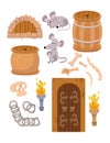 Set of cartoon objects. Cute mice, torches, castle objects, dungeons and wooden doors. Barrels and chains to create