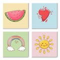 Set cartoon objects watermelon, heart, arrow,, rainbow and sun.