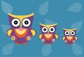 Set of cartoon owls on blue background , Vector illustrations