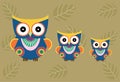 Set of cartoon owls on brown background ,Vector illustrations