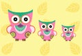 Set of cartoon owls on yellow background ,Vector illustrations