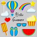 Set of cartoon patch badges. Hello Summer. Photo about clouds, rainbow, stars, glasses, watermelon, Ice cream. Vector isolated ill