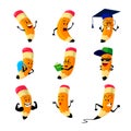 Set Cartoon Pencils Characters, School Stationery, Mascots with Education Items, Rucksack, Book, Academic Cap