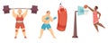 Set of cartoon people performing sports activities, fitness workout or playing games. Heavyweight, boxer and basketball