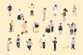 Set of cartoon people walking on street. Crowd of male and female tiny characters. Colorful vector bundle in trandy flat style.