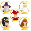 Set of cartoon personages from fairy tales. Princess. King. Magician. Jester. Warrior.