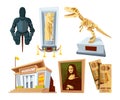 Set cartoon pictures of museum with exhibit pod and tools of various historical periods