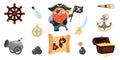 Set of cartoon Pirate items. Cute Bundle Pirate. Pirate character, spyglass, map, saber, treasure chest, anchor. Illustration