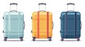 Set of cartoon plastic suitcases on wheels. Travel bag isolated on background. Vector Illustration Royalty Free Stock Photo