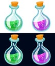 Set of Cartoon Potion Bottle. Glass flasks with colorful liquids isolated on background. Royalty Free Stock Photo