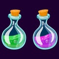 Set of Cartoon Potion Bottle. Glass flasks with colorful liquids isolated on a dark background. Royalty Free Stock Photo