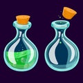 Set of Cartoon Potion Bottle. Glass flasks with colorful liquids isolated on a dark background. Game icon of magic elixir. Royalty Free Stock Photo