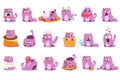 Flat vector set of cartoon purple kitten in different situations. Cartoon character of funny emotion cat. Happy
