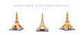 Set of cartoon realistic 3d Eiffel Tower in different positions. Discover France, Paris concept