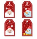 Set of cartoon red Christmas tag or label with laughing and smiling Santa Claus and snowmen. Xmas gift tag, invitation banner, sal Royalty Free Stock Photo