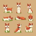 Set of cartoon red-haired corgi dogs