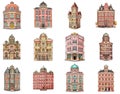 Set of cartoon retro city houses, old european architecture in the style of a fairytale, isolated illustrations. Generative AI