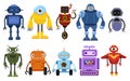 Set of cartoon robots. Collection of cute retro robots. Vector illustration of robotics for children.