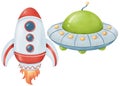 Set of Cartoon rocket with fiery thruster. Alien spacecraft. UFOs with multiple lights. Intergalactic ship, space explorer.