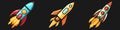 Set of cartoon rocket space ship take off, isolated vector illustration. Simple retro spaceship icon Royalty Free Stock Photo