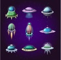 Set of cartoon rockets and alien spaceships