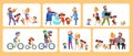 Set of cartoon scenes family active holidays parents with kids in various activity isolated vector illustration Royalty Free Stock Photo