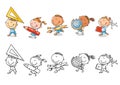 Set of cartoon school kids holding different school objects Royalty Free Stock Photo