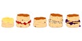 Set of cartoon scones or biscuits in various flavors background and borders with chocolate, cream, jam, blueberry sauce and lemon.