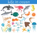 Set of cartoon sea animals fish. Life in ocean collection.
