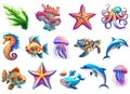 Set of cartoon sea animals, realistic icons, isolated on white background Royalty Free Stock Photo