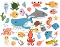 Set of cartoon sea, underwater life, sea animals, turtles. Royalty Free Stock Photo