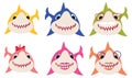 Set of cartoon shark family. Collection of stylized sharks for children. Vector illustration of cute predatory fish.