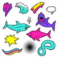 Set of cartoon sharks and decorative elements. Urban colorful teenage creative illustration.