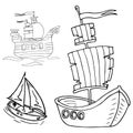 Set cartoon ship. Hand drawn set of different ships. Pirate sailboats
