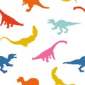 Set cartoon silhouette dinosaurus on seamless pattern isolated on white background. Vector
