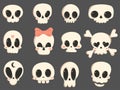 Set of cartoon skulls. A collection of cute skulls for halloween. Vector illustration of a skeleton head for children.