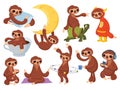 Set of cartoon sloths. Collection of cute sloths. Vector illustration of animals for children.