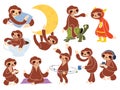 Set of cartoon sloths. Collection of cute sloths. Vector illustration of animals for children.