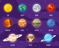 Set of cartoon solar system planets in space. Colorful universe with sun, moon, earth, stars and system planets. Vector Royalty Free Stock Photo