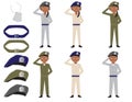 Set of cartoon soldiers, belts, hats and identity tag on White background