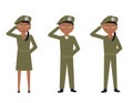 Set of cartoon soldiers with green uniforms saluting on White background