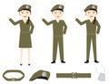 Set of cartoon soldiers with green uniforms on White background