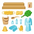 Set of cartoon spa-sauna objects. Flat vector elements on white background